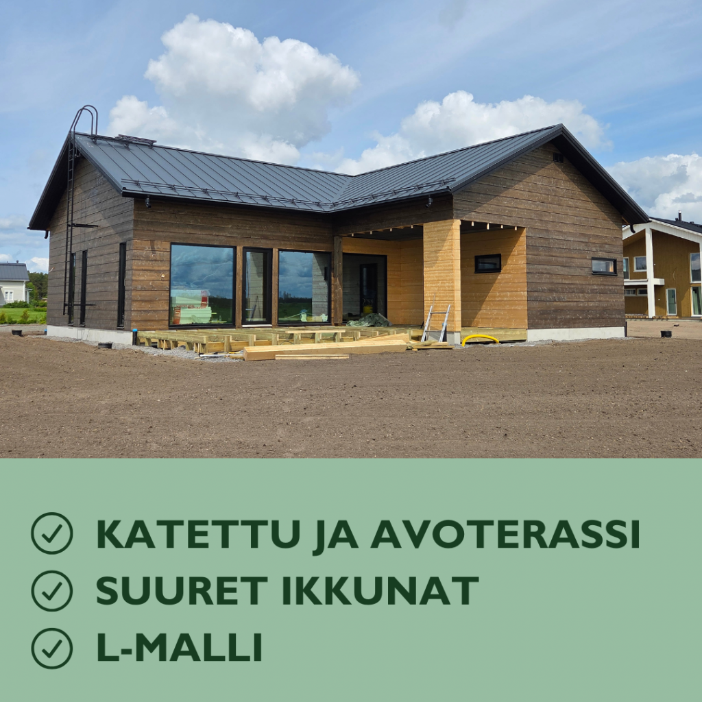 Talonäyttelyssä yksilöllisesti suunniteltu L-mallin hirsitalo.