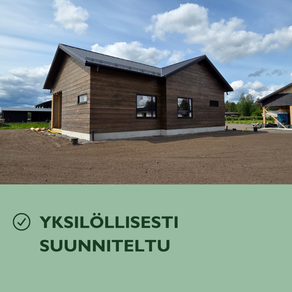 Yksilöllisesti suunniteltu hirsitalo asukkaidensa toiveiden mukaan.